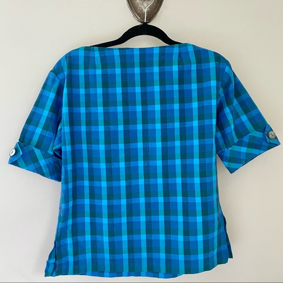 SOLD Vintage Handmade Turquoise Plaid Gingham Boatneck Top - Picture 8 of 9